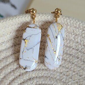 Elegant Handcrafted Boho Gold White Marble Gemstone Geometric Long Drop Earrings